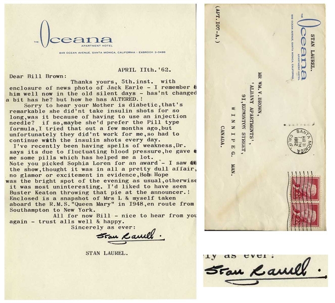 Stan Laurel Letter Signed about the 34th Academy Awards in 1962 -- ''...I'd liked to have seen Buster Keaton throwing that pie...''